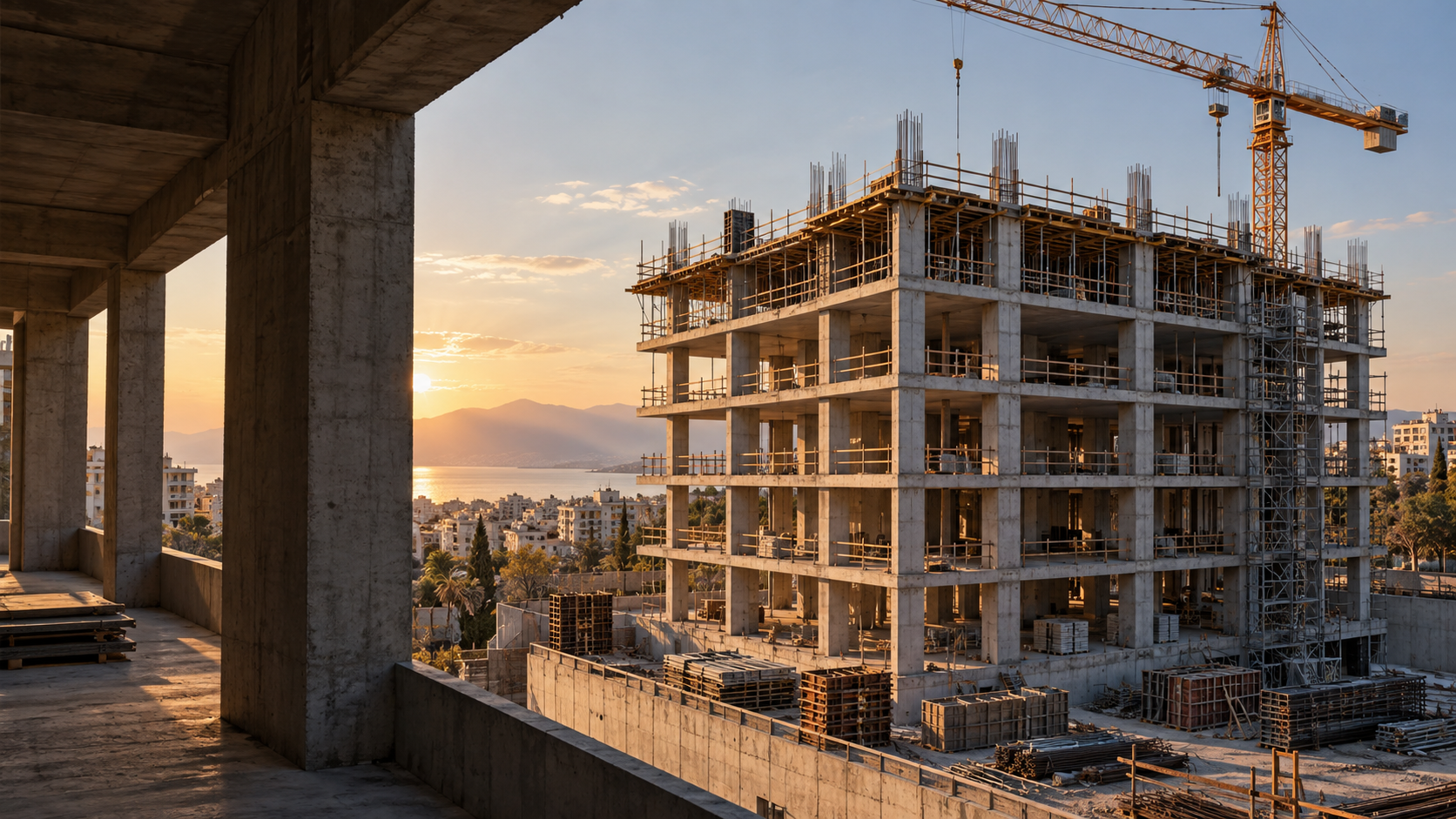 Betonarme taşıyıcı sistemi, iskeleleri ve kule vinciyle inşaat halindeki bir yapının konsept görseli